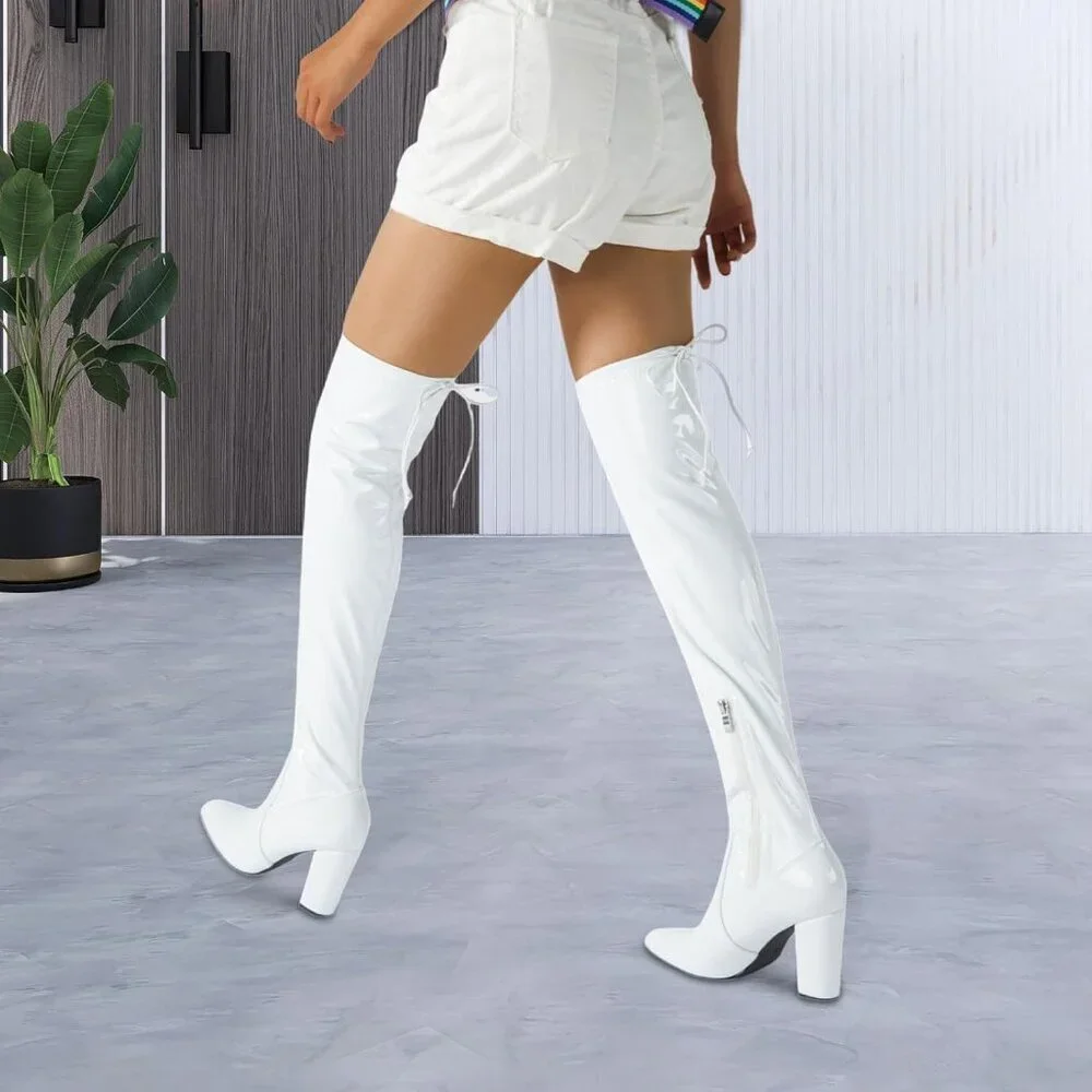 Women A-white Leather Pointed Toe Zipper Over The Knee Thigh High Long Boots